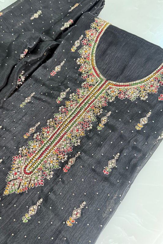 Black Crush Silk Thread and Stone Work Suit Set