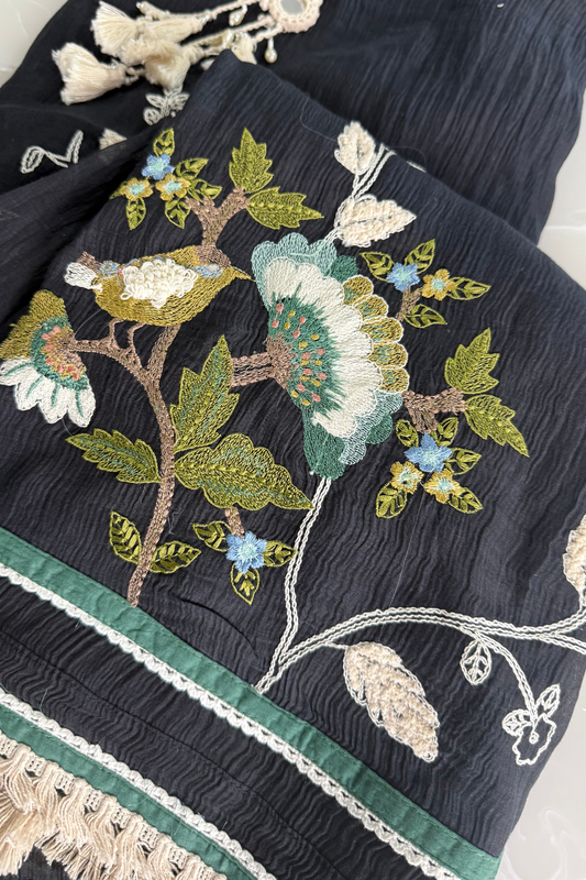 Black Crush Mul Cotton Thread Work Suit Set