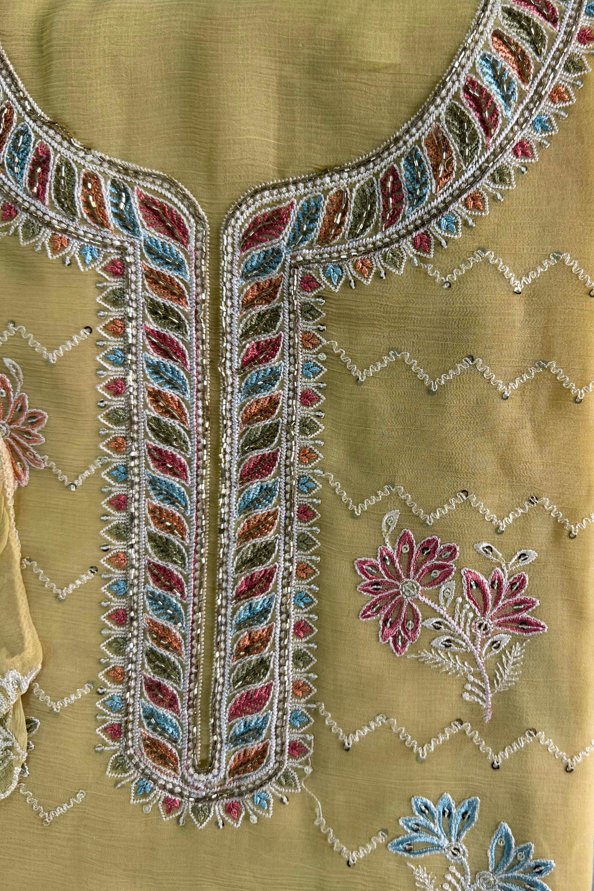 Yellow Crush Silk Thread and Bead Work Suit Set