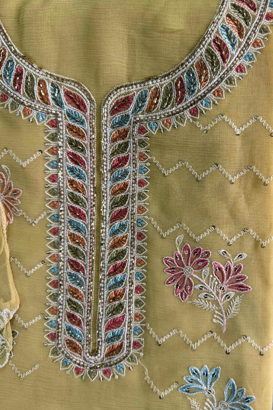 Yellow Crush Silk Thread and Bead Work Suit Set