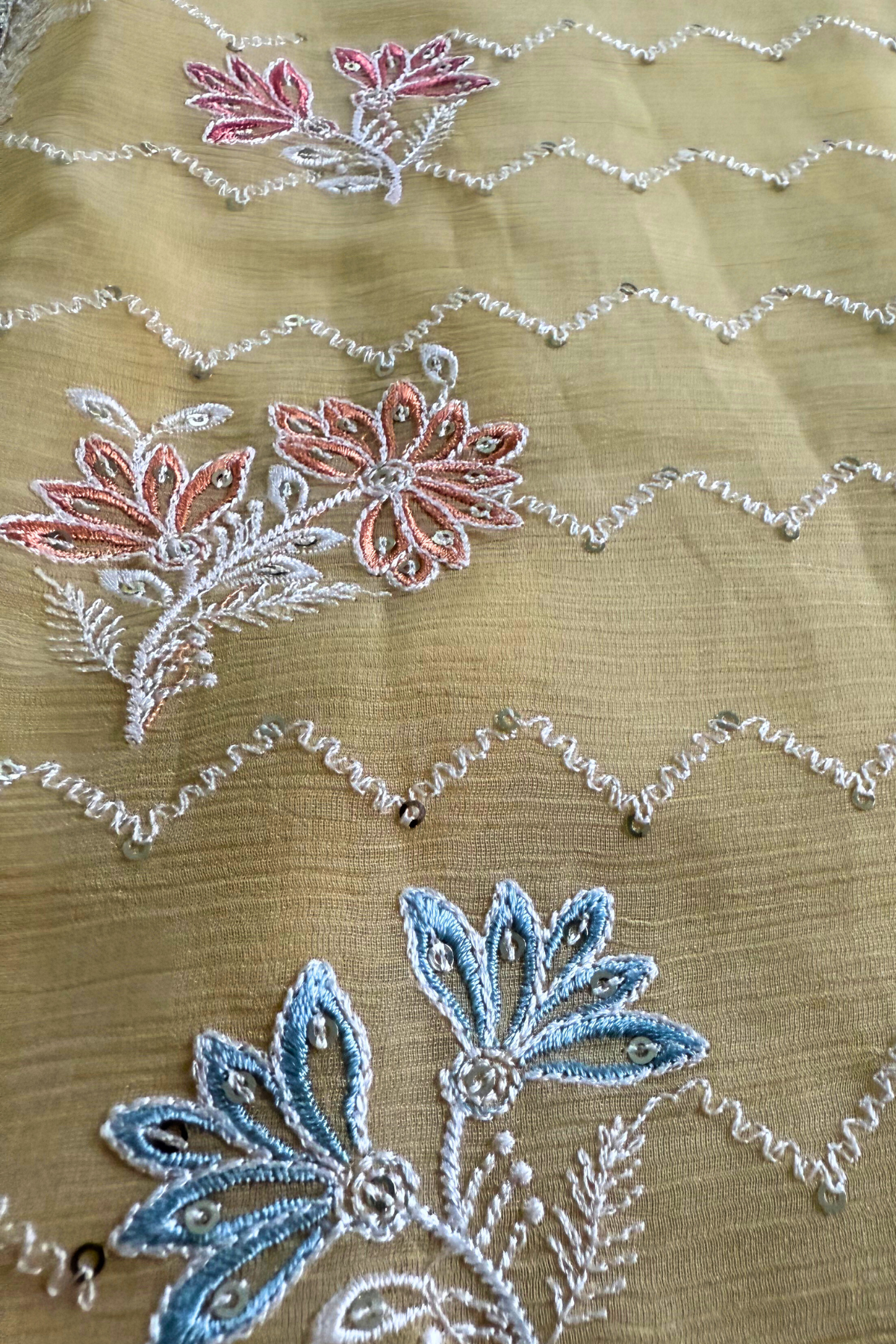 Yellow Crush Silk Thread and Bead Work Suit Set