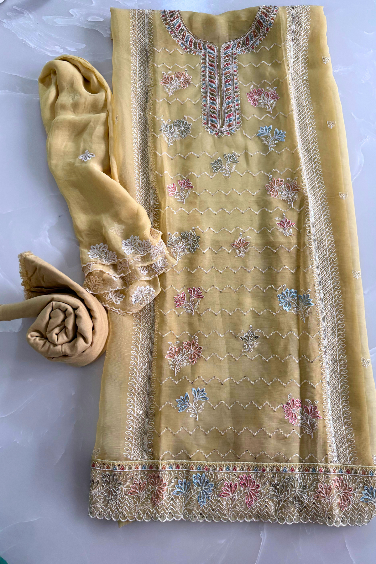 Yellow Crush Silk Thread and Bead Work Suit Set