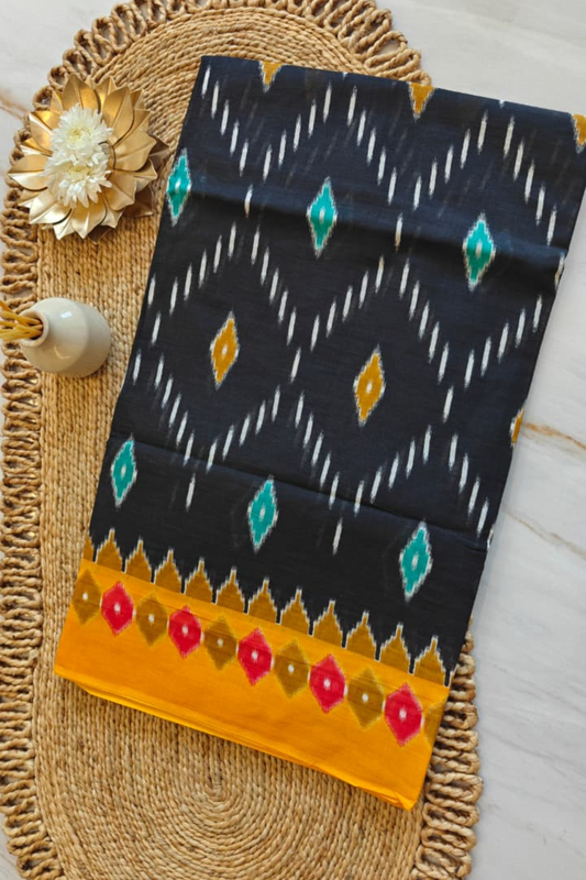 Orange black Ikkat Cotton Saree