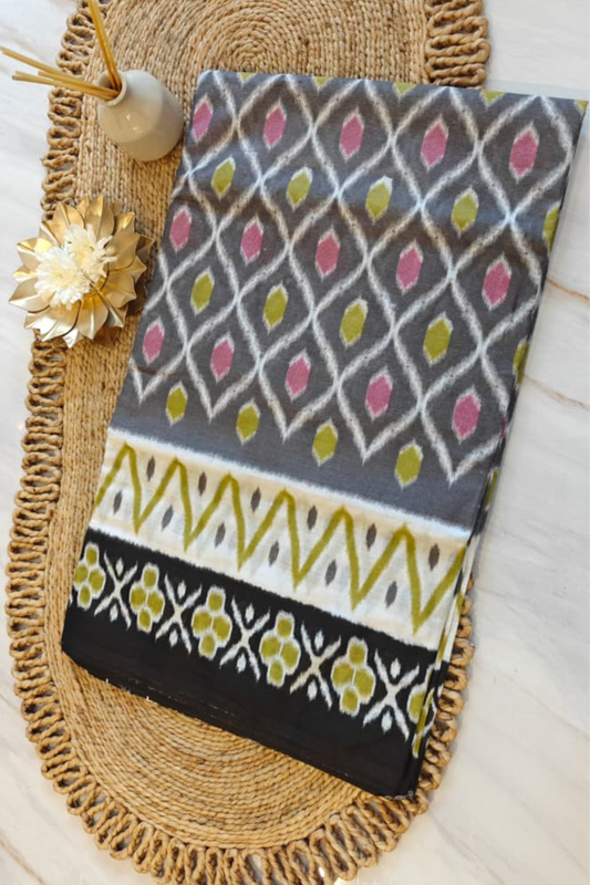 Black multicolour Ikkat Cotton Saree