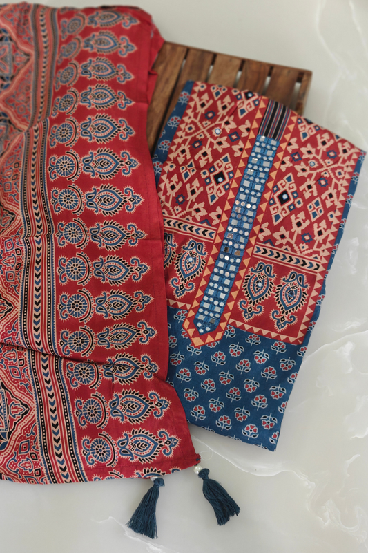 Muslin Ajrakh Mirror Work Suit Set