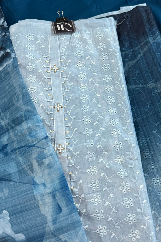 Ombre Blue Lace Embroidery Suit Set