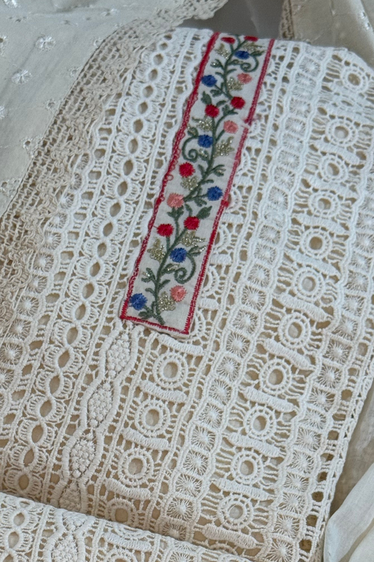 Crochet Lace Suit with Floral Embroidery