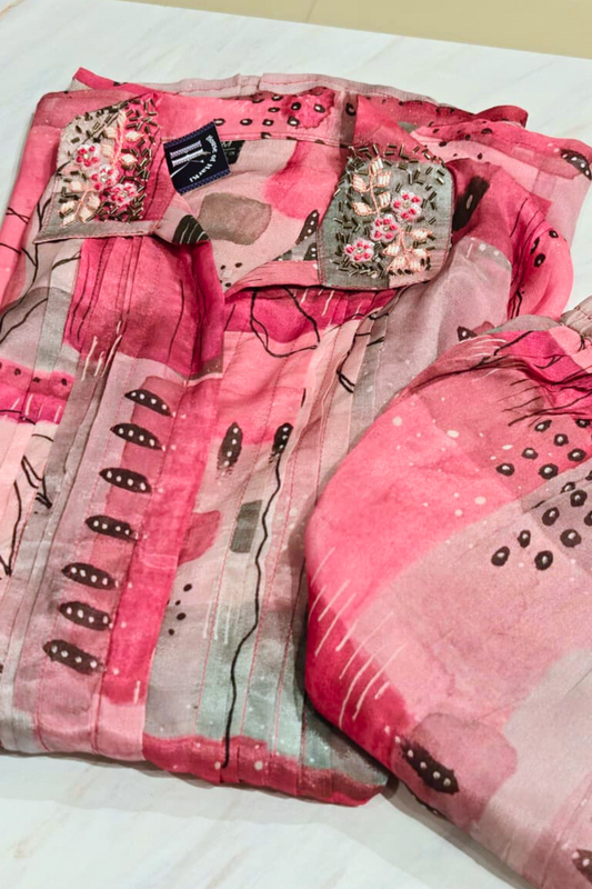 Pink Abstract Print Kurta with Embellished Collar
