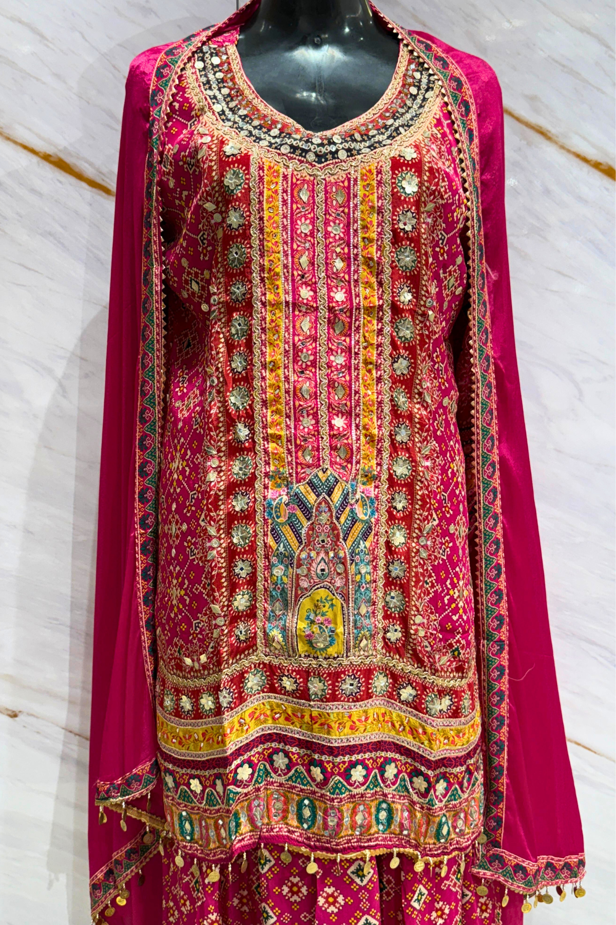 Magenta Chinon Gold Coin Tassles Sharara