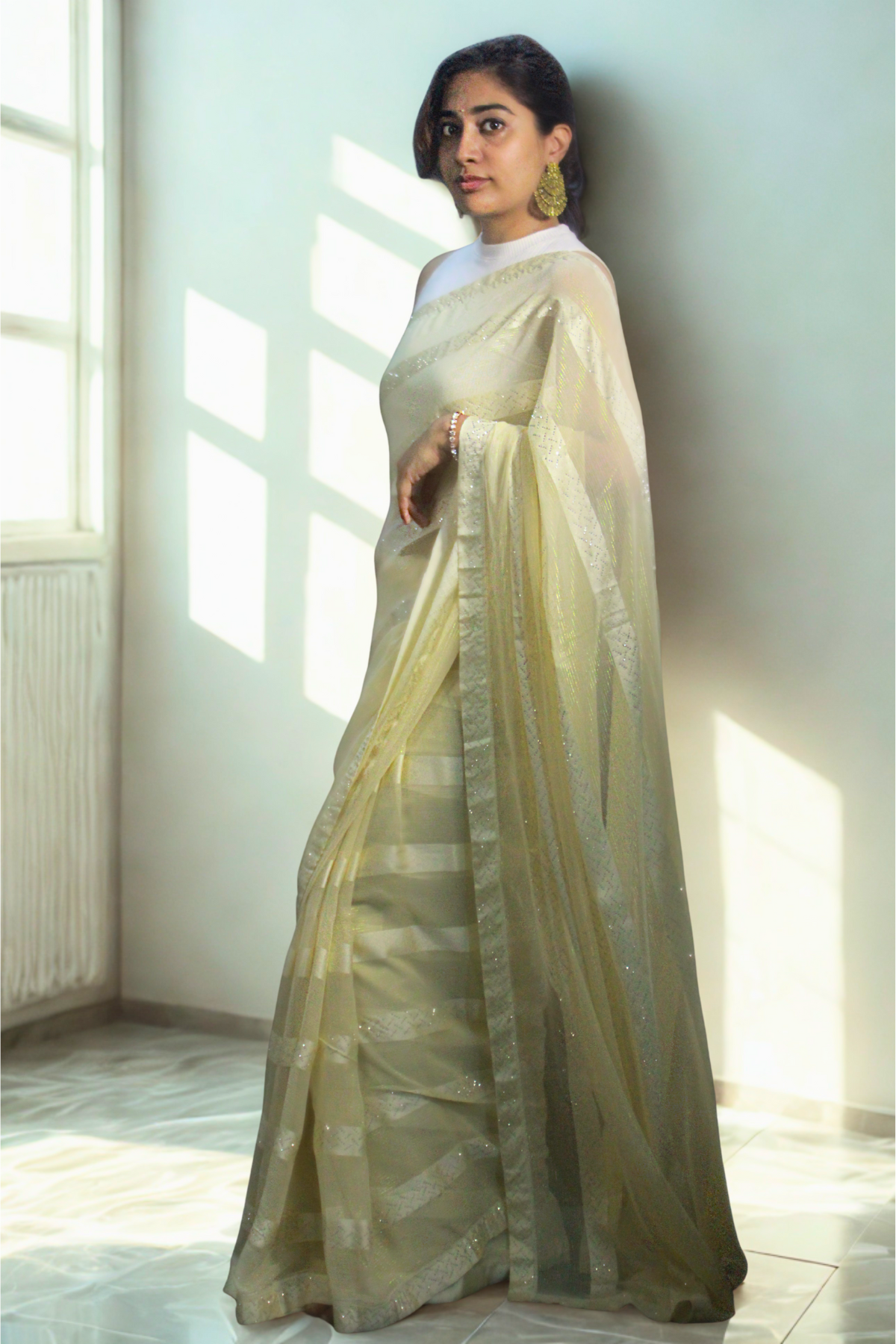 Yellow Georgette Saree with Rhinestone