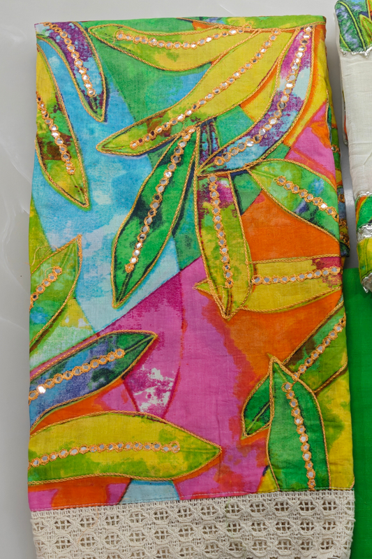Tropical Leaf Print Suit Set with Gota Work