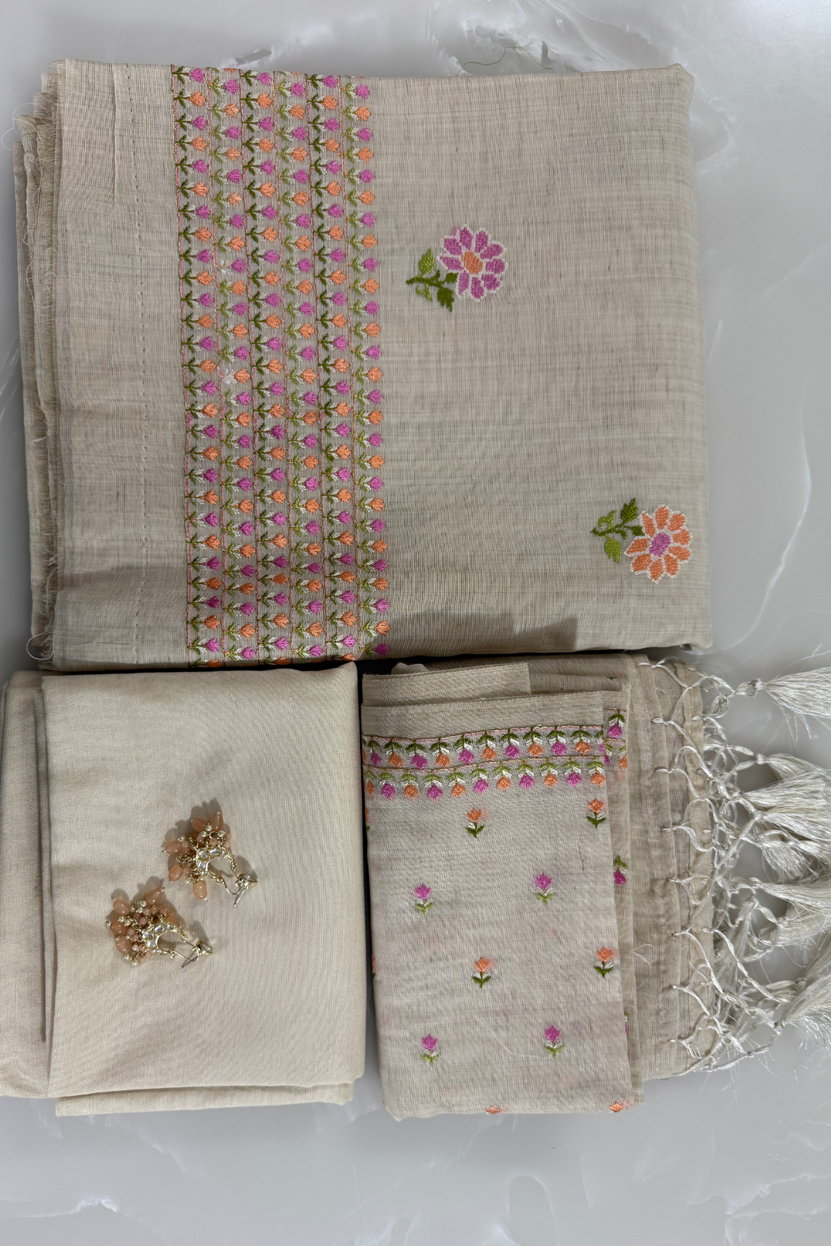 Natural Beige Floral Embroidered Suit Set