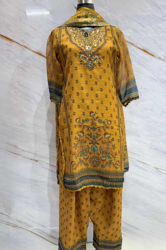 Mustard Soft Organza Farshi Salwar Set