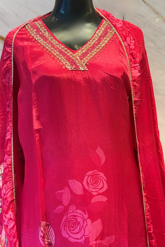 Hot Pink Silk Palazzo Set with Floral Print