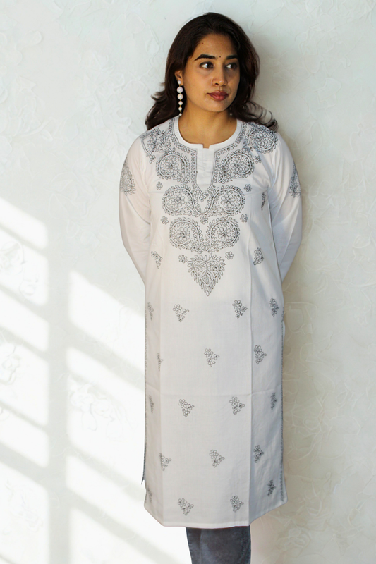 White kurti with black embroidery