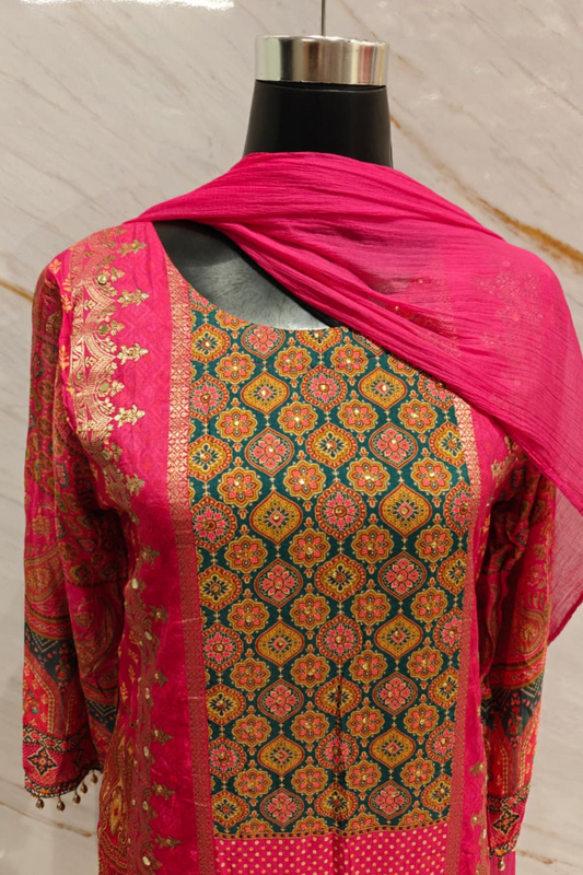 Jaipuri Print Chinon Suit Set with Bead Tassels