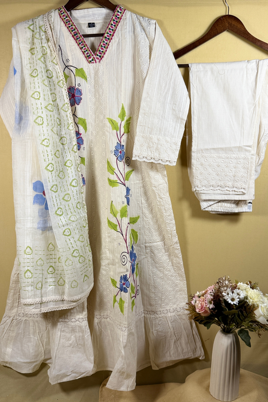 Cotton Anarkali with Hand-Painted Floral Design