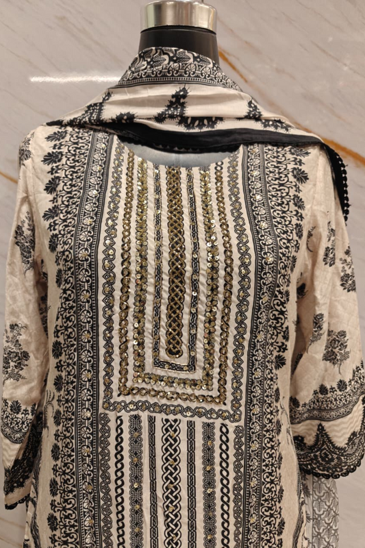 Monochrome Mul Cotton Printed Suit Set