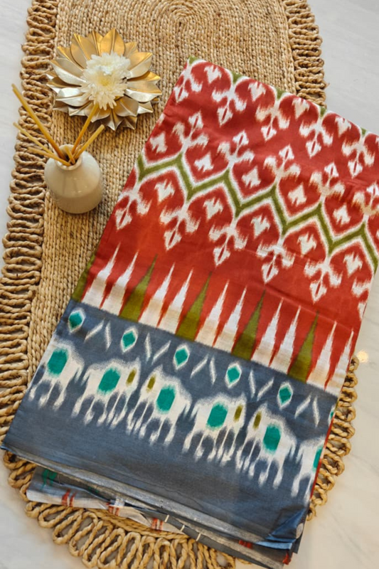 Red Grey Elephant Ikkat Cotton Saree