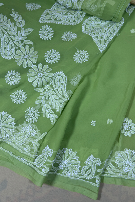 Green Georgette Chikankari Saree
