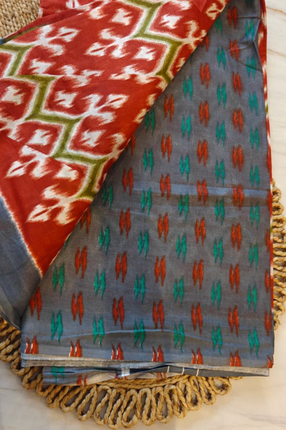 Red Grey Elephant Ikkat Cotton Saree