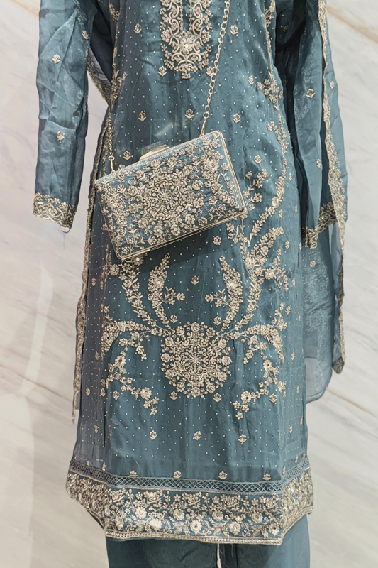 Blue Embelleshed Chiffon Ensemble with Cluch