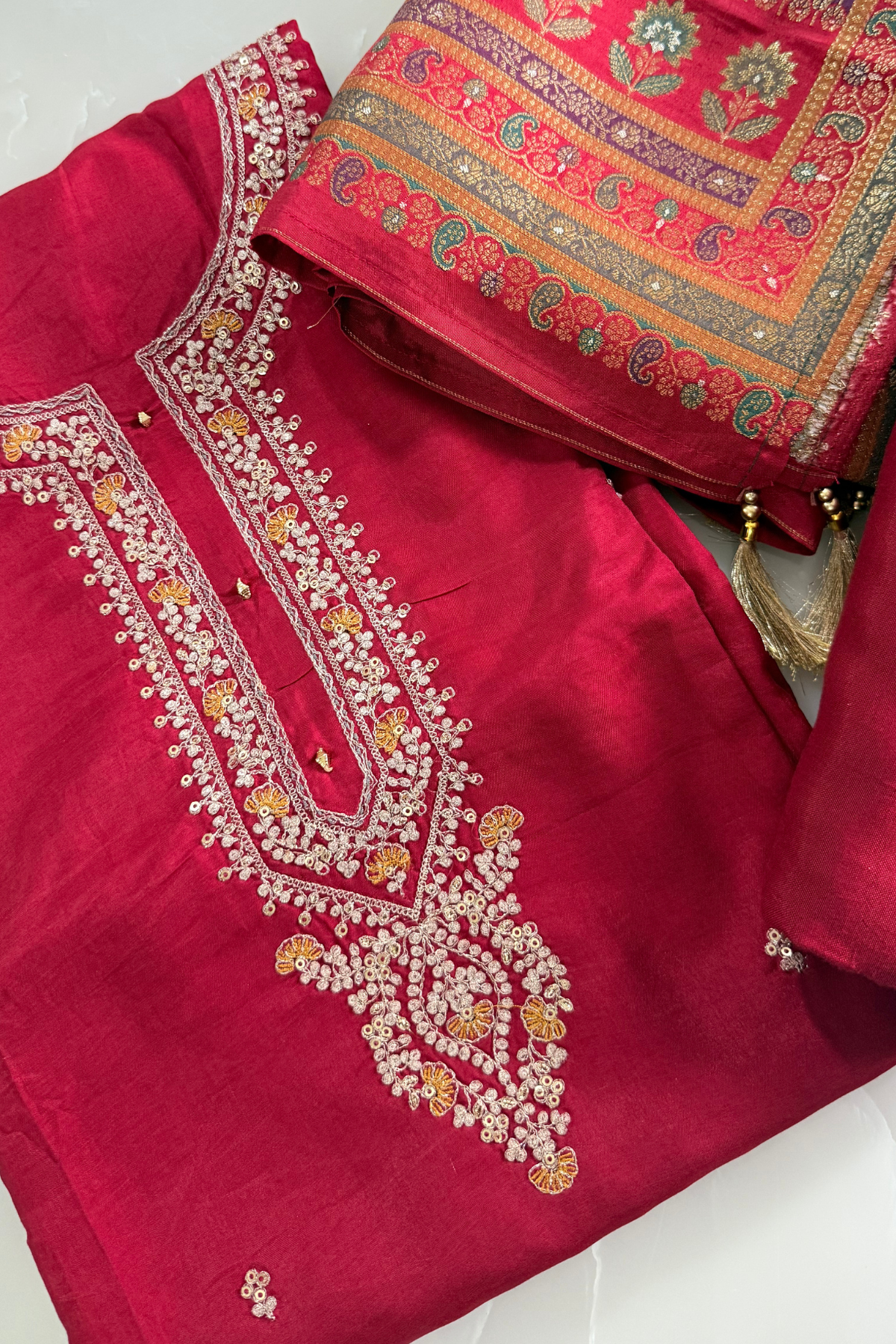 Red Silk Suit with Paisley Dupatta