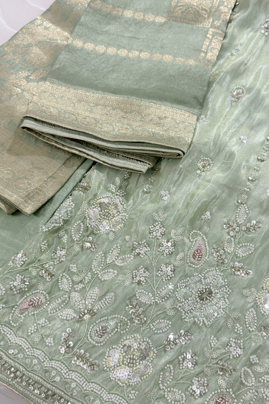 Green Shimmer Silk Beadwork Suit