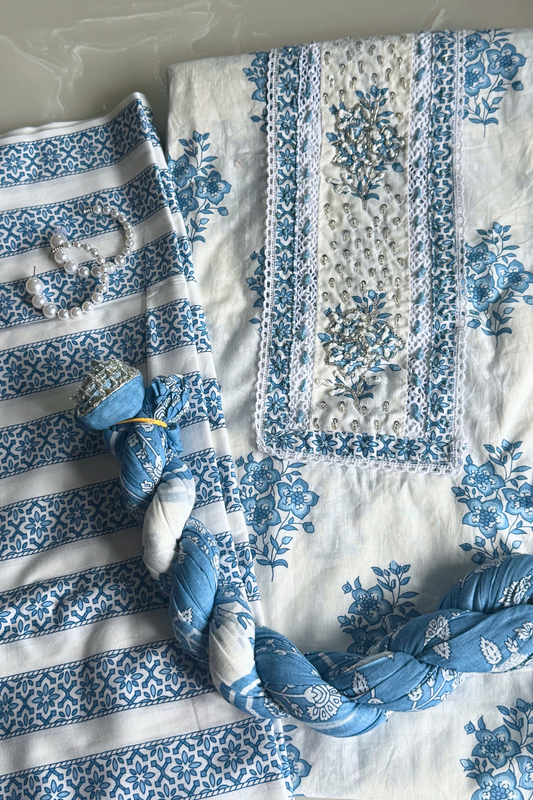Blue & White Soft Cotton Suit Set
