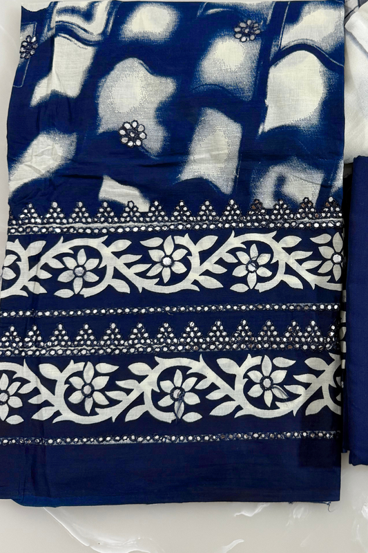 Navy Blue & White Cotton Suit Set