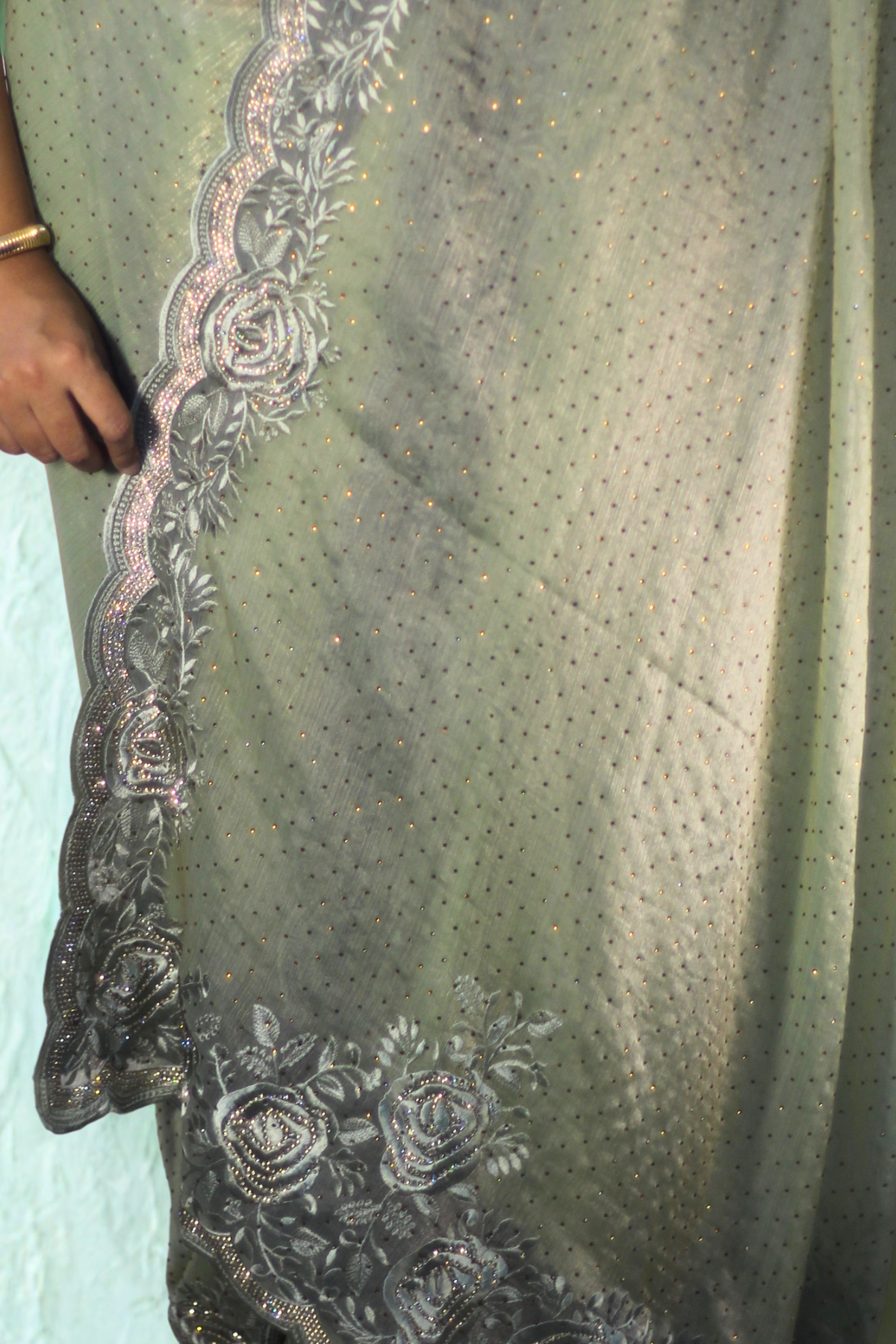 Green Rhinestone Tissue Saree