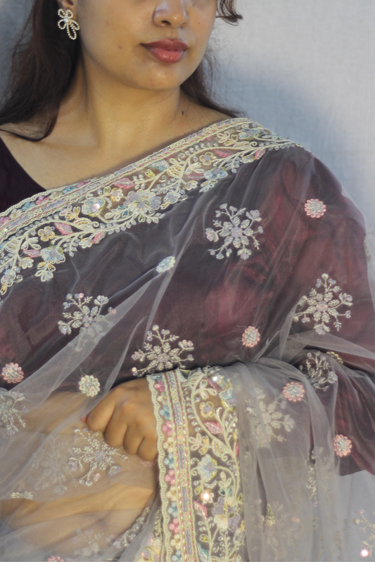 Grey Floral Net Saree
