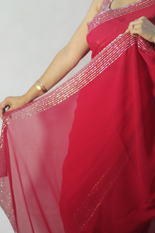 Red Rhinestone Premium Georgette Saree