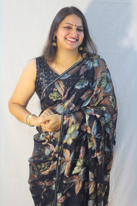 Floral Print Chiffon Rhinestone Saree