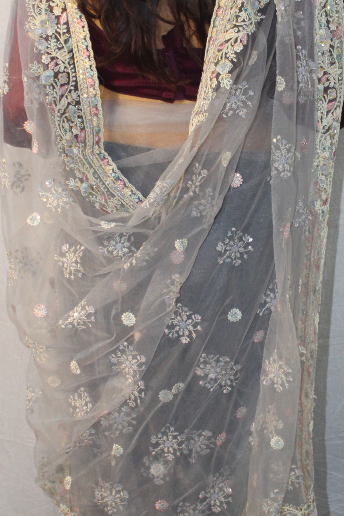 Grey Floral Net Saree