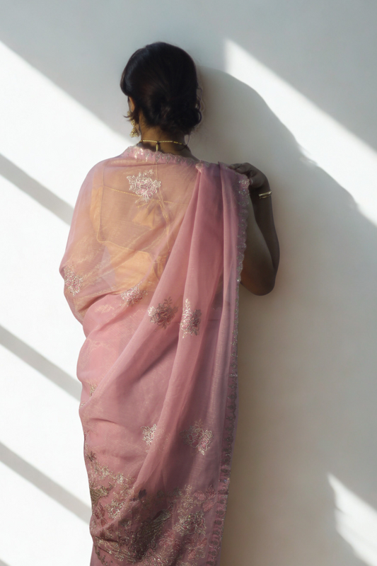 Pink Peacock Embroidered Georgette Saree