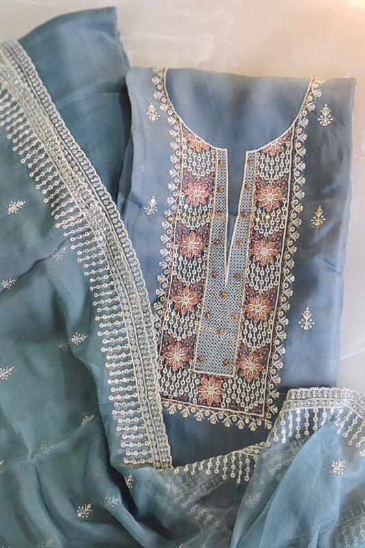 Greyish Blue Organza Suit Set