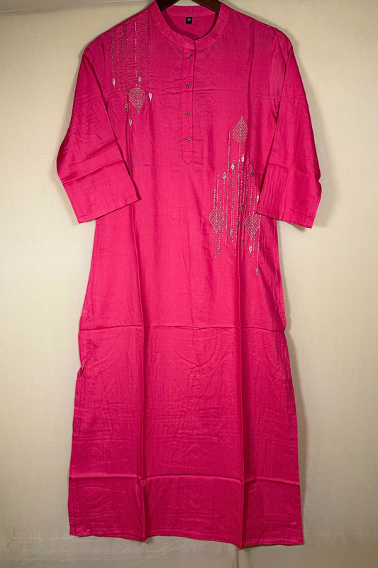 Pink Golden Leaves Cotton Kurti