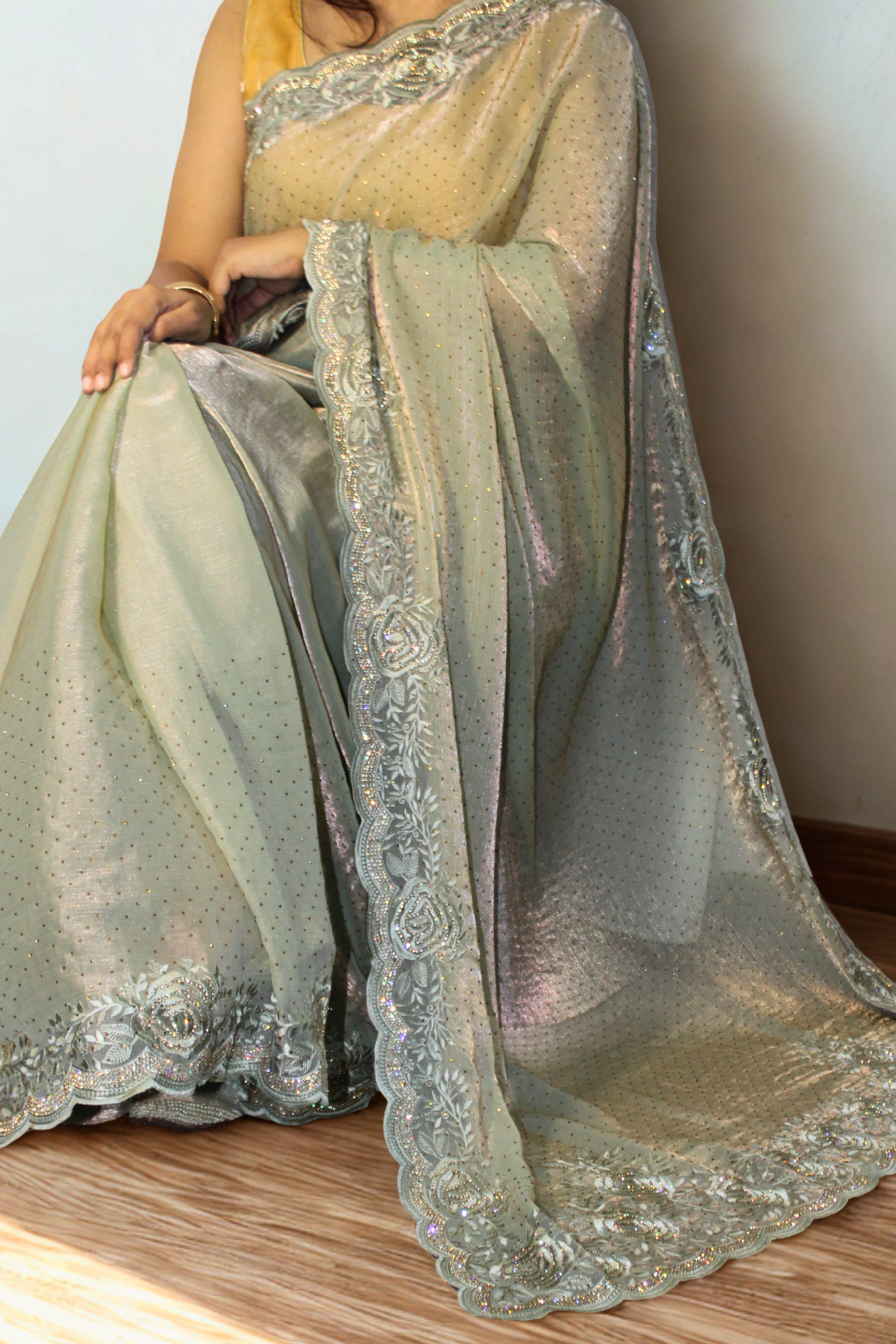 Green Rhinestone Tissue Saree