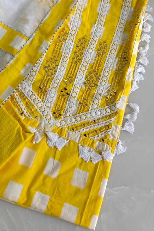 Yellow & White Tassel Cotton Suit Set