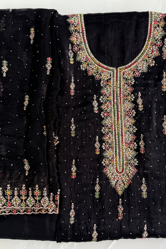 Black Crush Silk Thread and Stone Work Suit Set