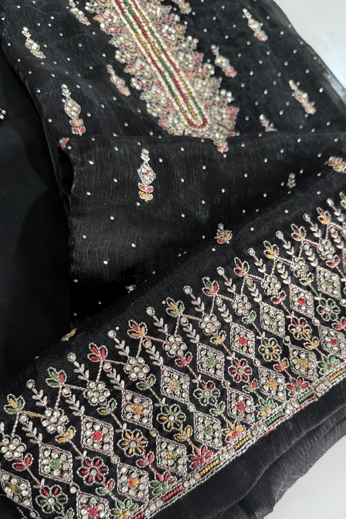Black Crush Silk Thread and Stone Work Suit Set