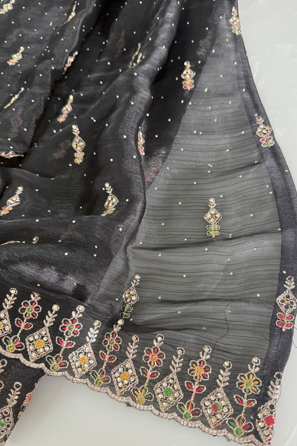 Black Crush Silk Thread and Stone Work Suit Set