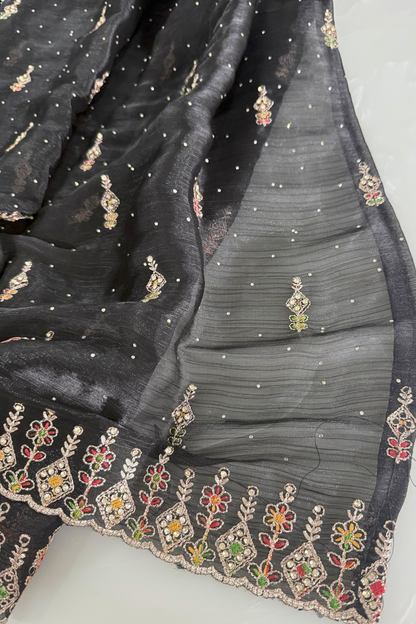 Black Crush Silk Thread and Stone Work Suit Set