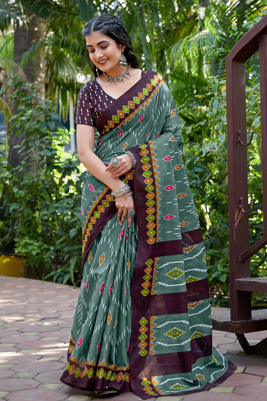 Teal Ikkat Cotton Saree