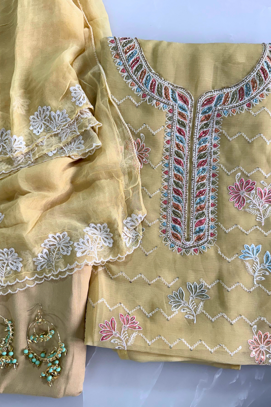 Yellow Crush Silk Thread and Bead Work Suit Set