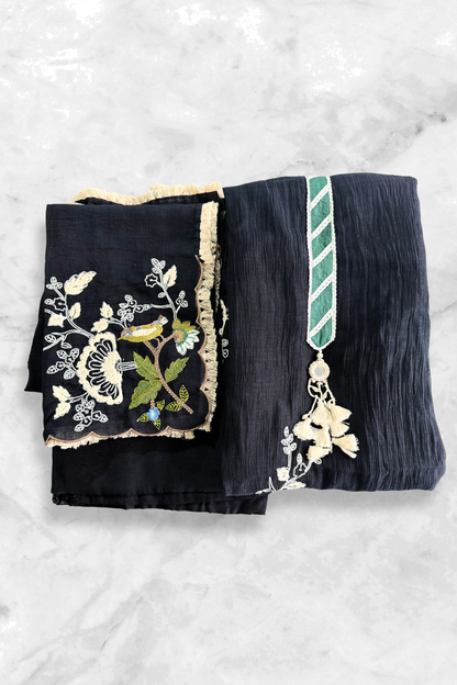 Black Crush Mul Cotton Thread Work Suit Set