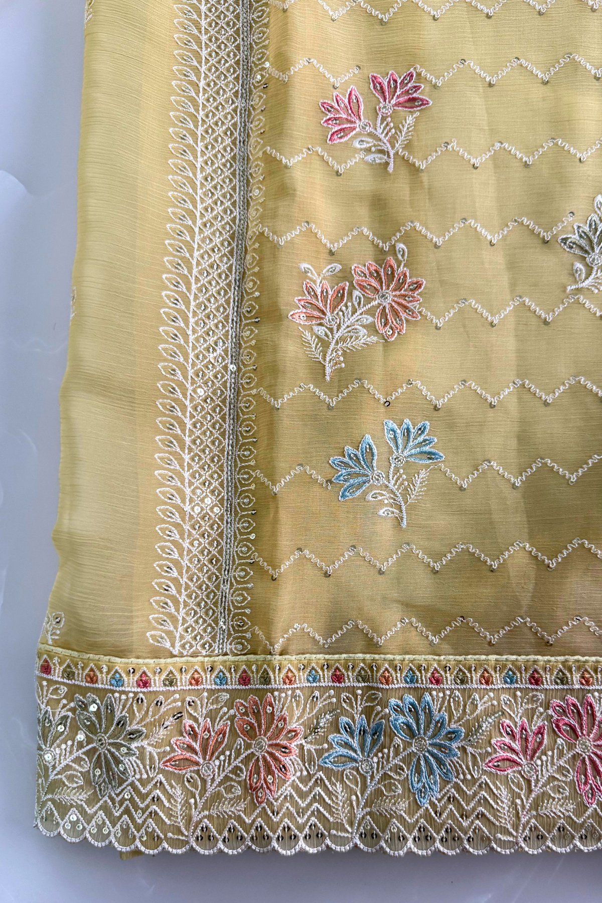 Yellow Crush Silk Thread and Bead Work Suit Set