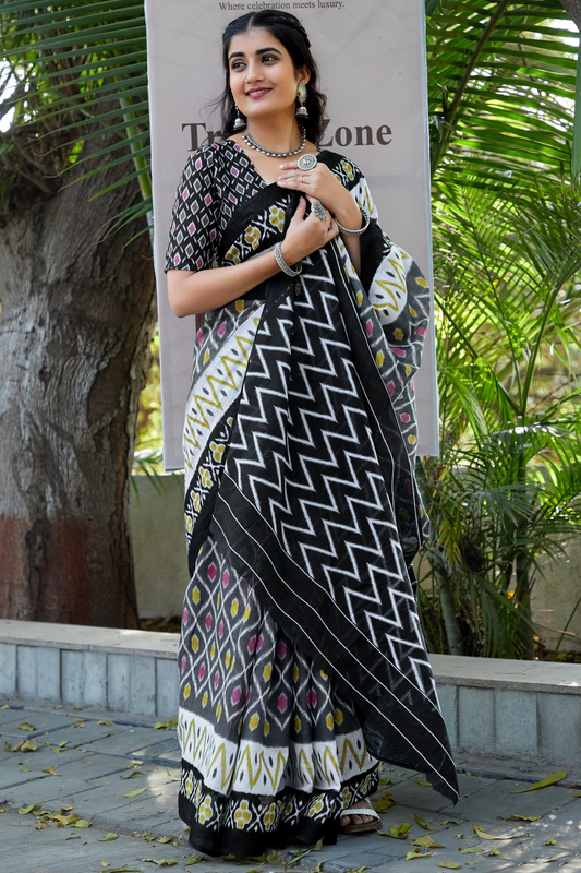 Black multicolour Ikkat Cotton Saree
