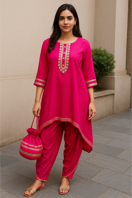 Magenta Crepe Kurta Set with Potli